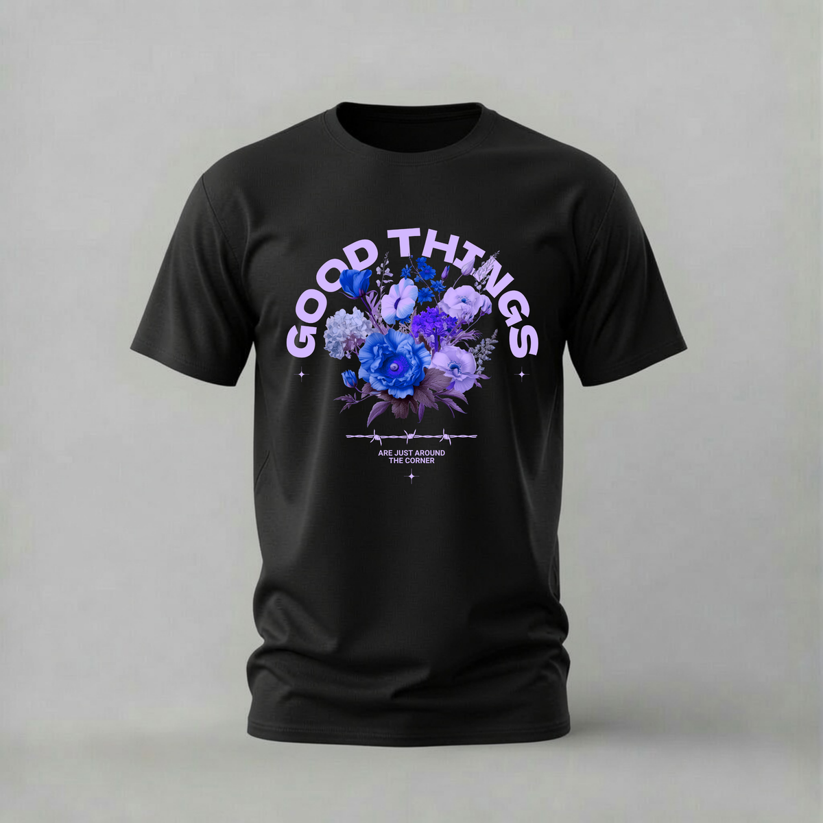 good things tshirt; blue flowers shirt; positive vibes graphic tee; floral motivational tshirt; unisex graphic tee; men cotton tshirt; half sleeve printed tshirt; floral merch; casual wear