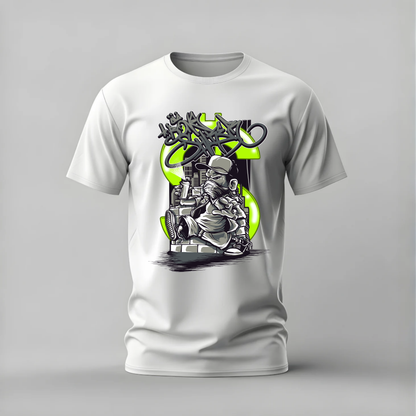 graffiti artist tshirt; street artist shirt; spray paint graphic tee; urban graffiti tshirt; masked artist shirt; unisex graffiti tee; men cotton tshirt; half sleeve printed tshirt; streetwear; casual wear; graffiti merch; urban graphic shirt