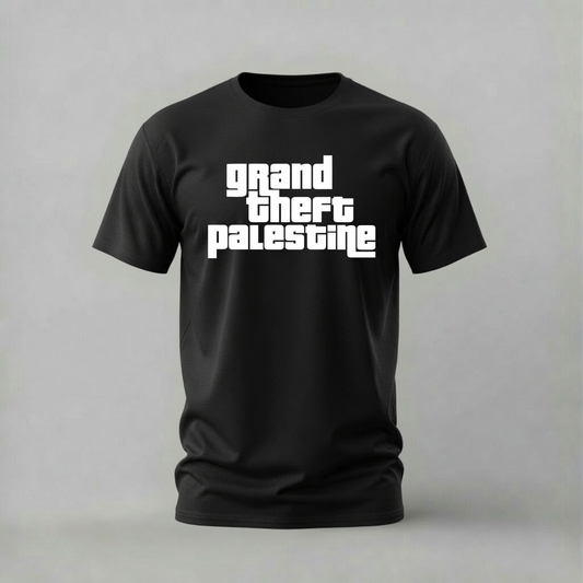 grand theft palestine tshirt; gta palestine shirt; palestine collage graphic tee; from the river to the sea tshirt; unisex graphic tee; men cotton tshirt; half sleeve printed tshirt; solidarity merch; casual wear