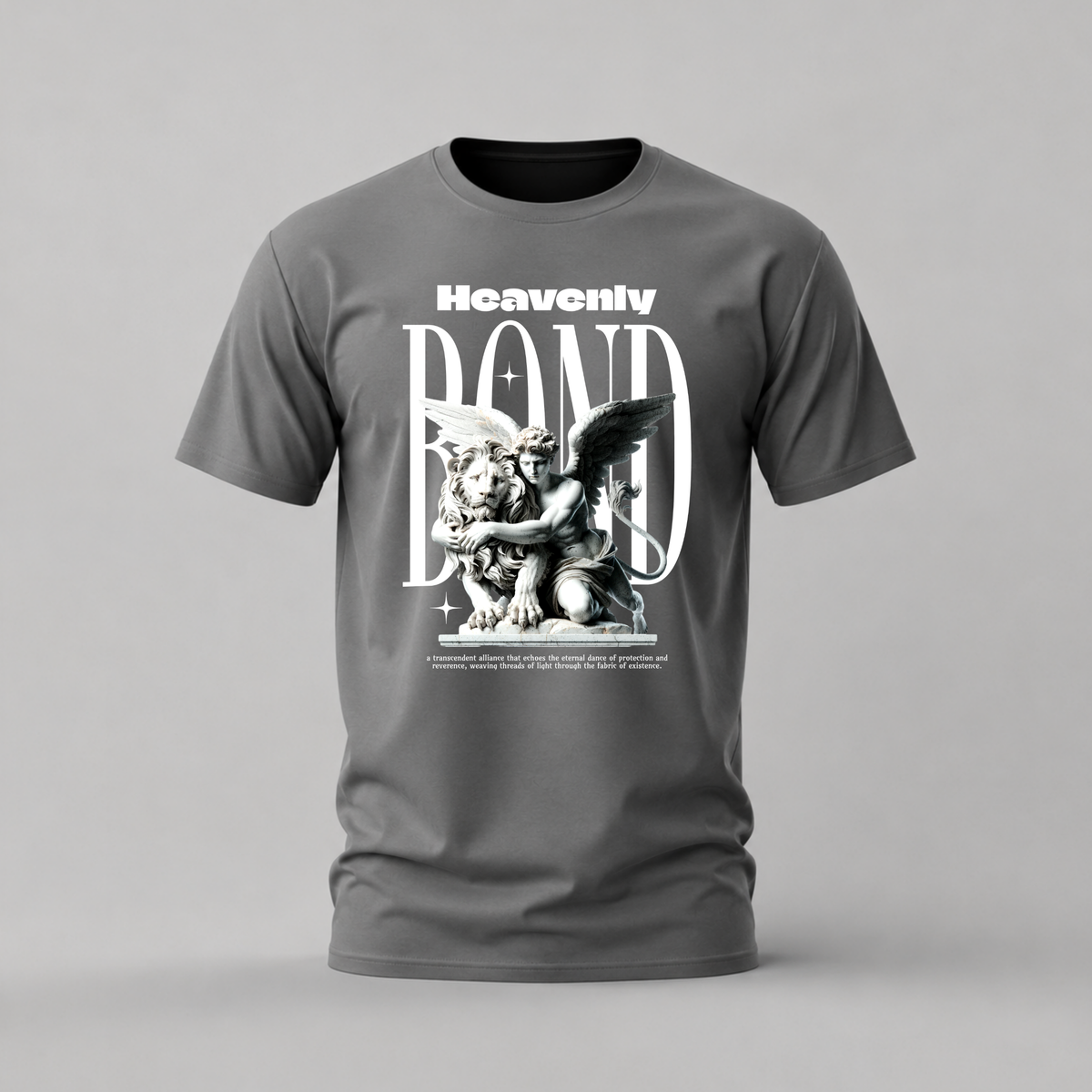 heavenly bond tshirt; angel lion shirt; classical statue graphic tee; heavenly bond art tshirt; unisex graphic tee; men cotton tshirt; half sleeve printed tshirt; art merch; casual wear