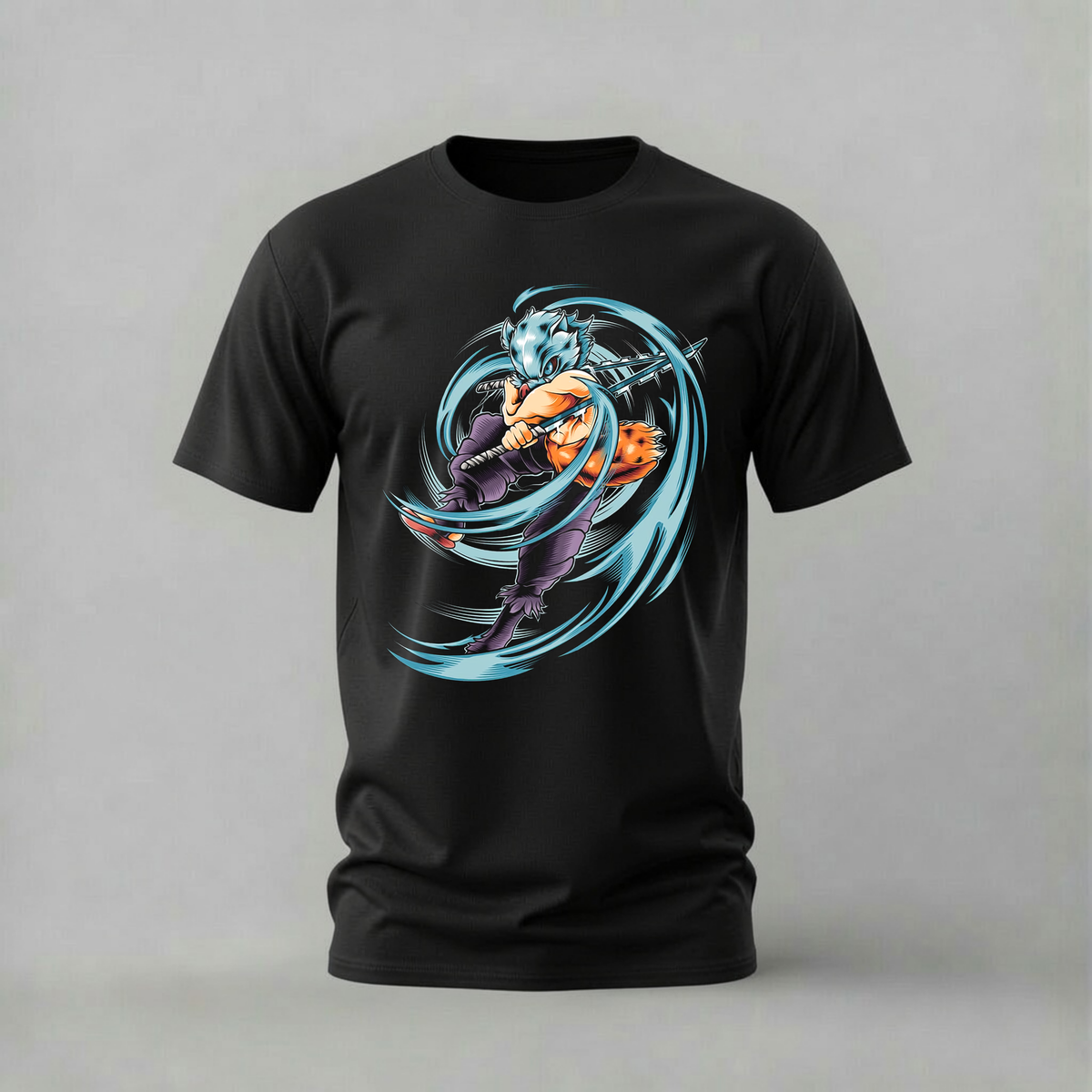 inosuke action tshirt; demon slayer shirt; blue energy graphic tee; anime inosuke tshirt; unisex demon slayer tee; men cotton tshirt; half sleeve printed tshirt; anime merch; casual wear