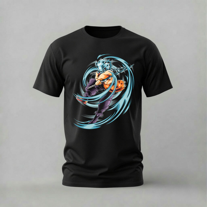 inosuke action tshirt; demon slayer shirt; blue energy graphic tee; anime inosuke tshirt; unisex demon slayer tee; men cotton tshirt; half sleeve printed tshirt; anime merch; casual wear