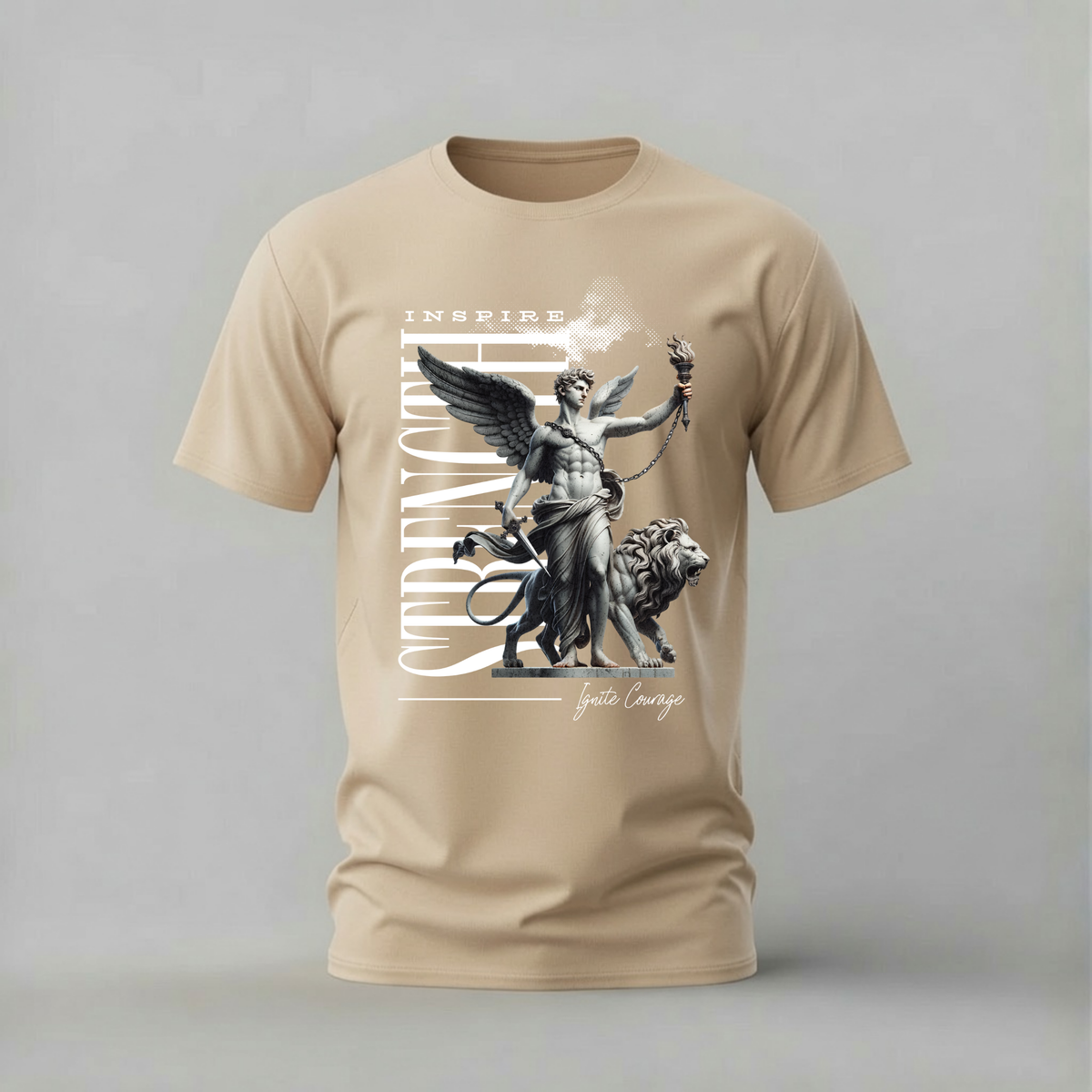 inspire courage tshirt; angel lion shirt; classical statue graphic tee; motivational art tshirt; unisex graphic tee; men cotton tshirt; half sleeve printed tshirt; art merch; casual wear