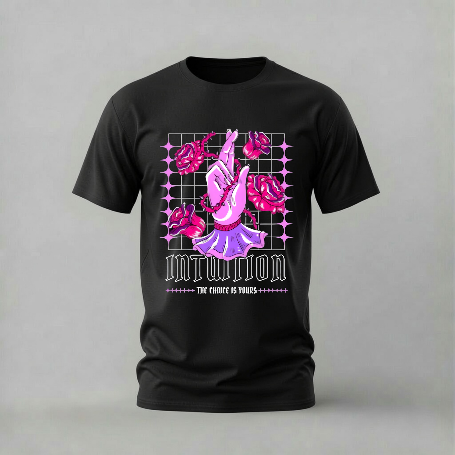 intuition tshirt; hand roses shirt; intuition graphic tee; pink hand tshirt; choice is yours shirt; unisex artistic tee; men cotton tshirt; half sleeve printed tshirt; streetwear; casual wear; intuition merch; rose graphic shirt
