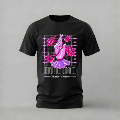 intuition tshirt; hand roses shirt; intuition graphic tee; pink hand tshirt; choice is yours shirt; unisex artistic tee; men cotton tshirt; half sleeve printed tshirt; streetwear; casual wear; intuition merch; rose graphic shirt
