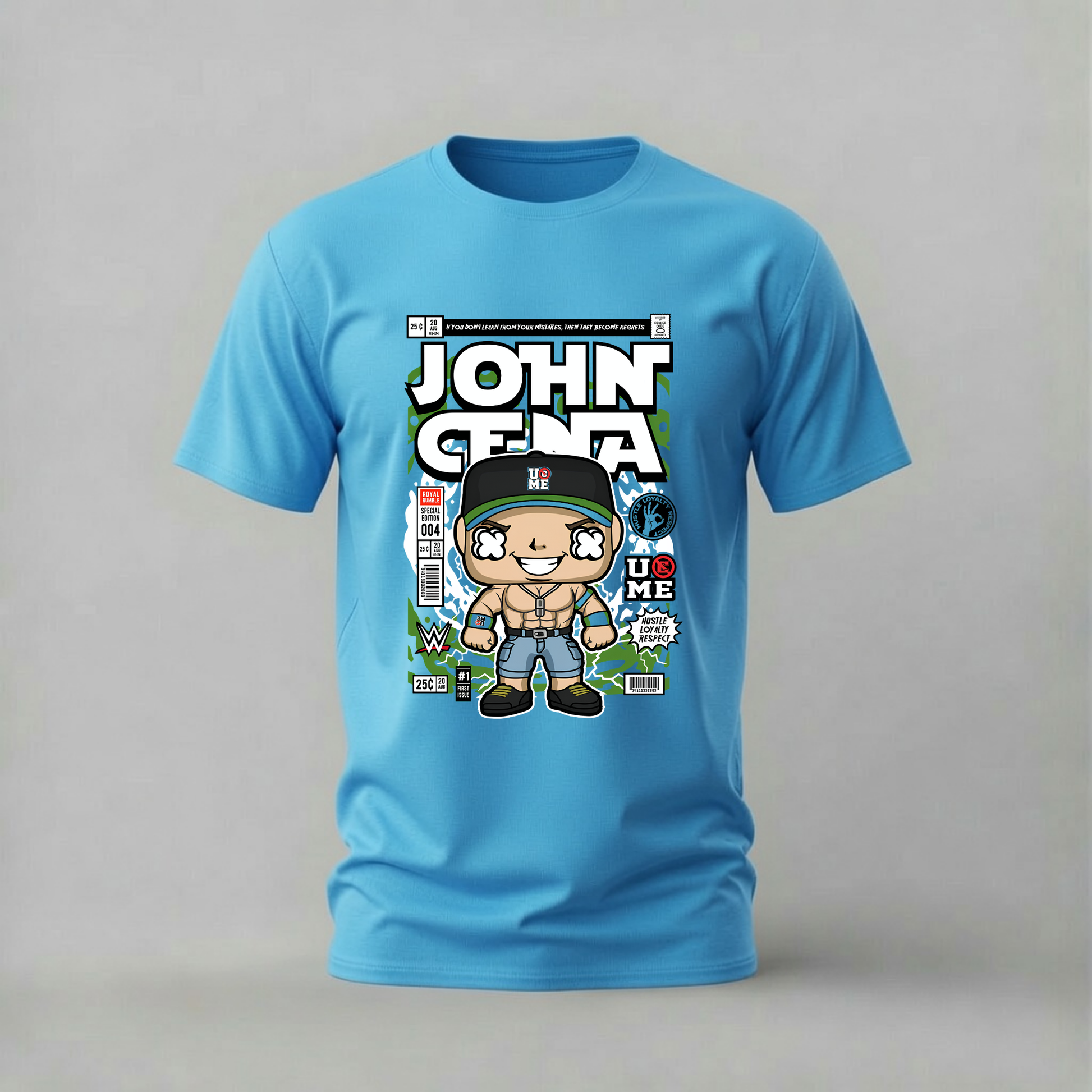 A light blue short-sleeve t-shirt with a cartoon-style graphic of John Cena on the front, displayed against a neutral gray background.
