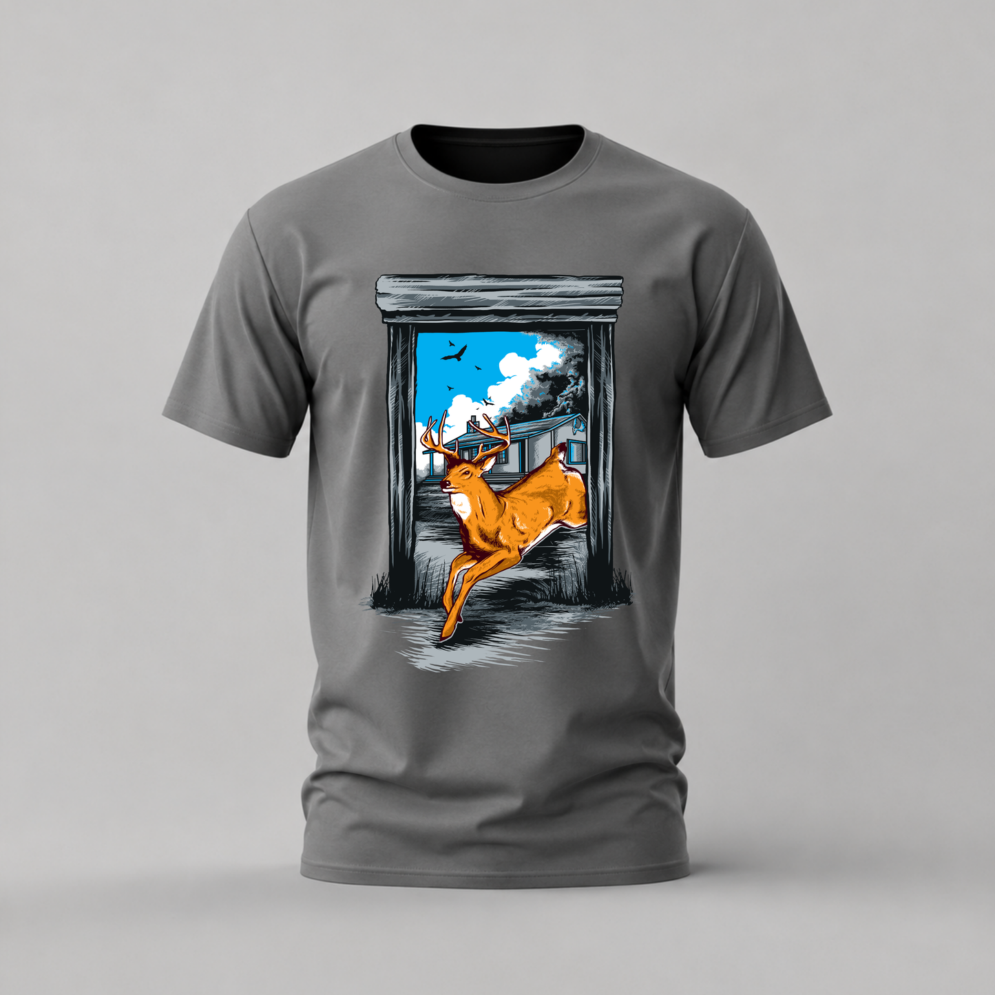 jumping deer tshirt; wildlife deer shirt; leaping deer graphic tee; nature deer tshirt; outdoor deer shirt; unisex deer tee; men cotton tshirt; half sleeve printed tshirt; streetwear; casual wear; deer merch; wildlife graphic shirt