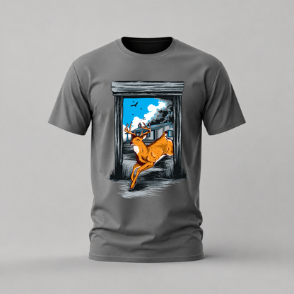 jumping deer tshirt; wildlife deer shirt; leaping deer graphic tee; nature deer tshirt; outdoor deer shirt; unisex deer tee; men cotton tshirt; half sleeve printed tshirt; streetwear; casual wear; deer merch; wildlife graphic shirt