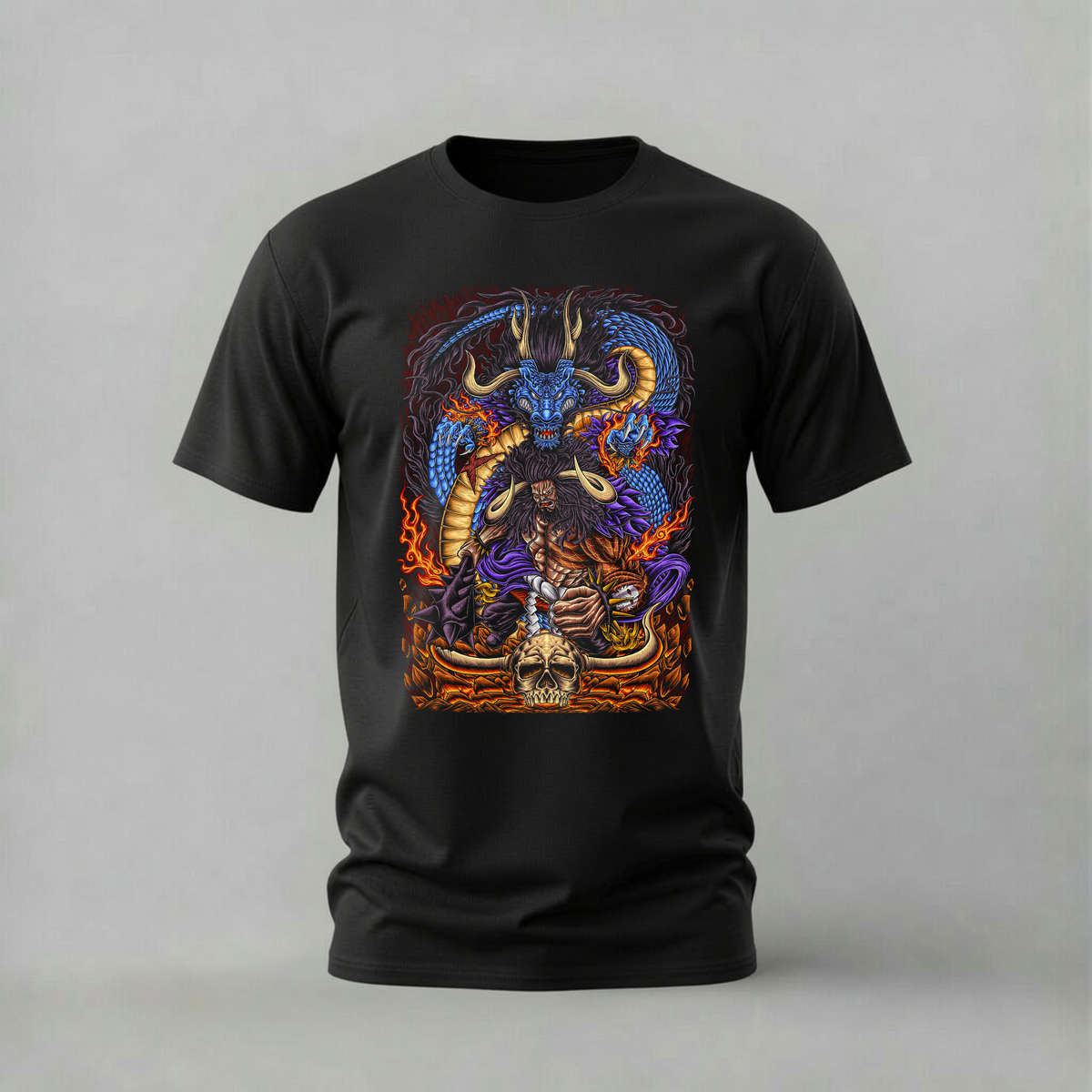 kaido dragons tshirt; one piece kaido shirt; emperor dragon graphic tee; kaido fire tshirt; unisex kaido dragons tee; men cotton tshirt; half sleeve printed tshirt; anime merch; casual wear