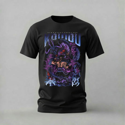 kaido strongest creature tshirt; one piece kaido shirt; dragon kaido graphic tee; strongest creature tshirt; unisex kaido dragon tee; men cotton tshirt; half sleeve printed tshirt; anime merch; casual wear