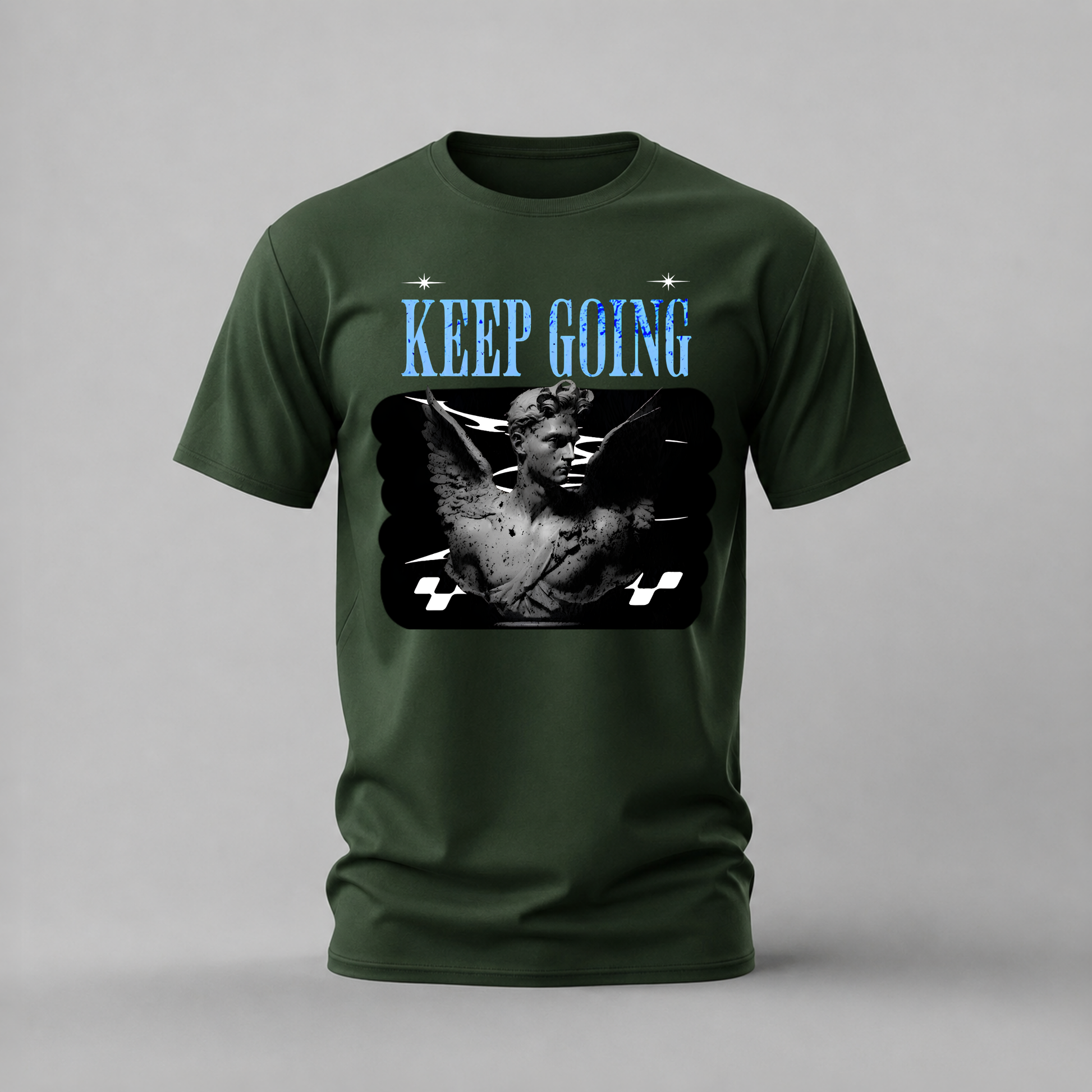 keep going tshirt; angel statue shirt; motivational angel graphic tee; classical statue tshirt; keep going statue shirt; unisex angel tee; men cotton tshirt; half sleeve printed tshirt; streetwear; casual wear; motivational merch; statue graphic shirt