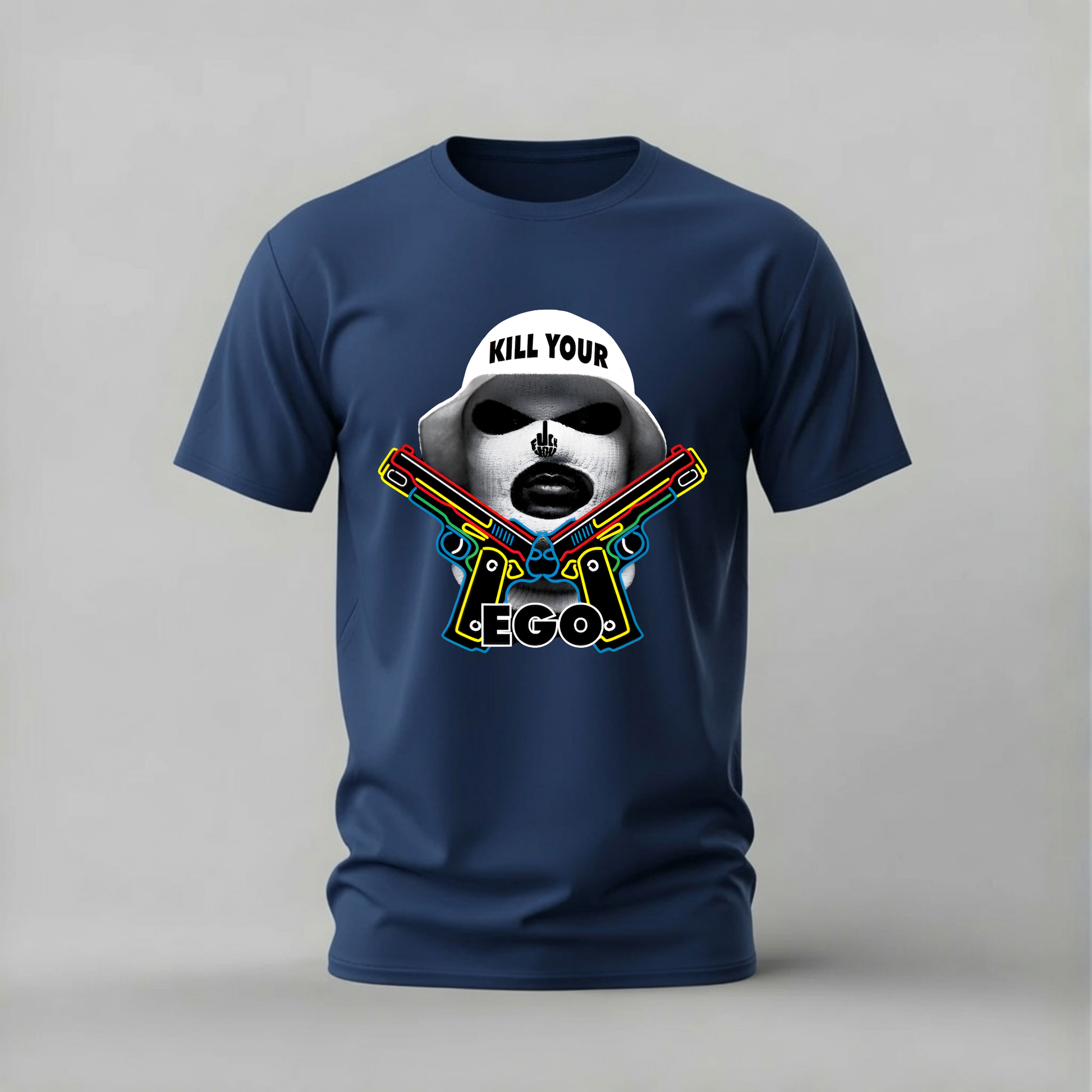 kill your ego tshirt; ego graphic shirt; neon guns tshirt; kill your ego graphic tee; streetwear ego shirt; unisex statement tee; men cotton tshirt; half sleeve printed tshirt; streetwear; casual wear; ego merch; attitude graphic shirt
