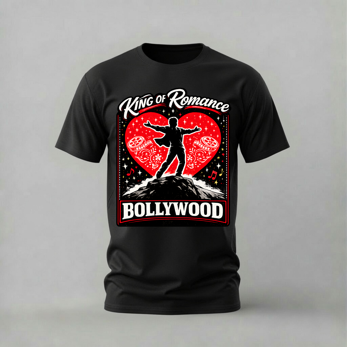 king of romance tshirt; bollywood romance shirt; king of romance graphic tee; bollywood hero tshirt; romantic cinema shirt; unisex bollywood tee; men cotton tshirt; half sleeve printed tshirt; streetwear; casual wear; bollywood merch; romance graphic shirt

