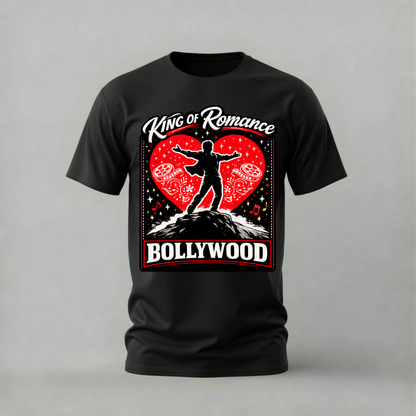 king of romance tshirt; bollywood romance shirt; king of romance graphic tee; bollywood hero tshirt; romantic cinema shirt; unisex bollywood tee; men cotton tshirt; half sleeve printed tshirt; streetwear; casual wear; bollywood merch; romance graphic shirt
