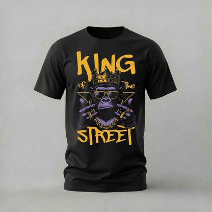 king of the street tshirt; gorilla crown shirt; street gorilla graphic tee; king streetwear tshirt; unisex graphic tee; men cotton tshirt; half sleeve printed tshirt; street merch; casual wear