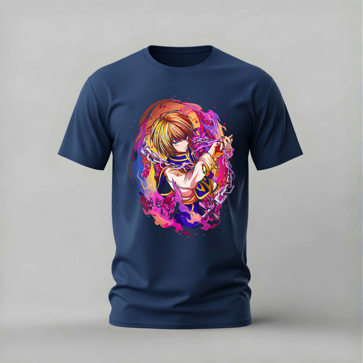 kurapika tshirt; hunter x hunter shirt; chain kurapika graphic tee; hxh kurapika tshirt; unisex kurapika tee; men cotton tshirt; half sleeve printed tshirt; anime merch; casual wear