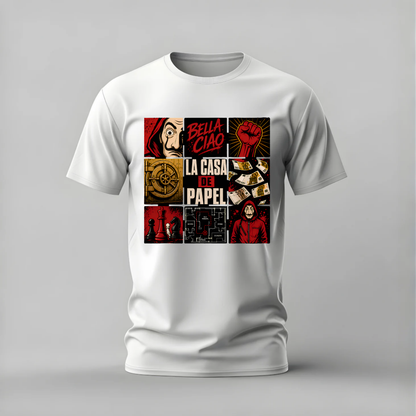 A white short-sleeve crewneck t-shirt featuring a square graphic collage on the chest with red, black, and gold illustrations and text including 'BELLA CIAO' and 'LA CASA DE PAPEL'.