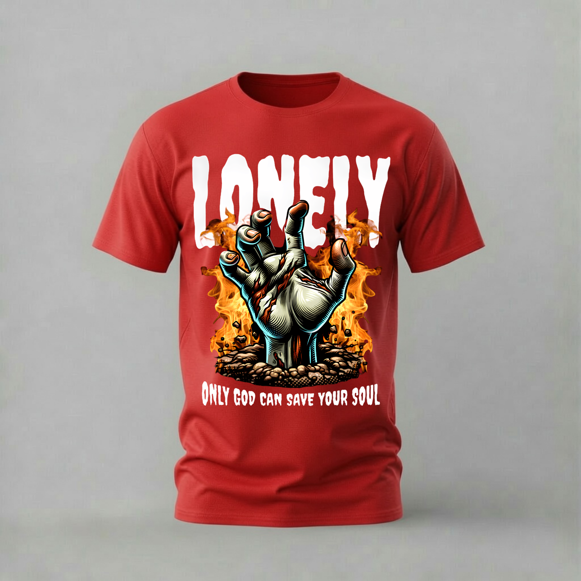 lonely zombie hand tshirt; rising dead shirt; zombie hand graphic tee; horror hand tshirt; only god can save shirt; unisex zombie tee; men cotton tshirt; half sleeve printed tshirt; streetwear; casual wear; zombie merch; horror graphic shirt