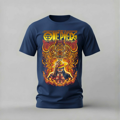 luffy fire dragon tshirt; one piece dragon shirt; fiery luffy graphic tee; luffy awakening tshirt; unisex luffy fire dragon tee; men cotton tshirt; half sleeve printed tshirt; anime merch; casual wear