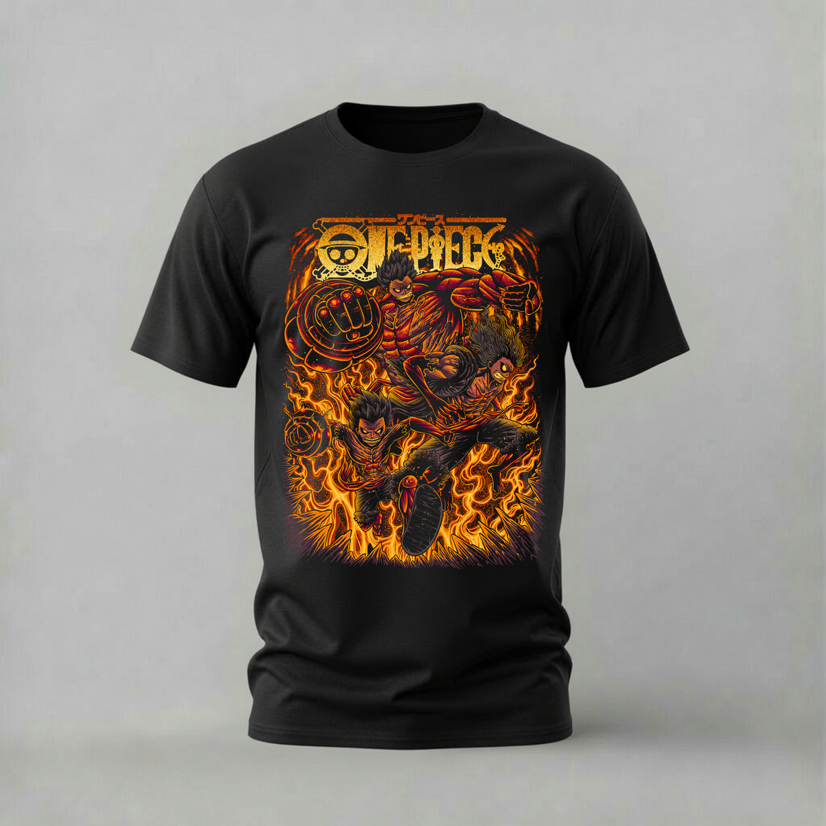 luffy gear fire tshirt; one piece boundman shirt; gear fourth fire graphic tee; luffy flames tshirt; unisex luffy gear fire tee; men cotton tshirt; half sleeve printed tshirt; anime merch; casual wear
