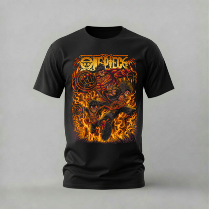 luffy gear fire tshirt; one piece boundman shirt; gear fourth fire graphic tee; luffy flames tshirt; unisex luffy gear fire tee; men cotton tshirt; half sleeve printed tshirt; anime merch; casual wear
