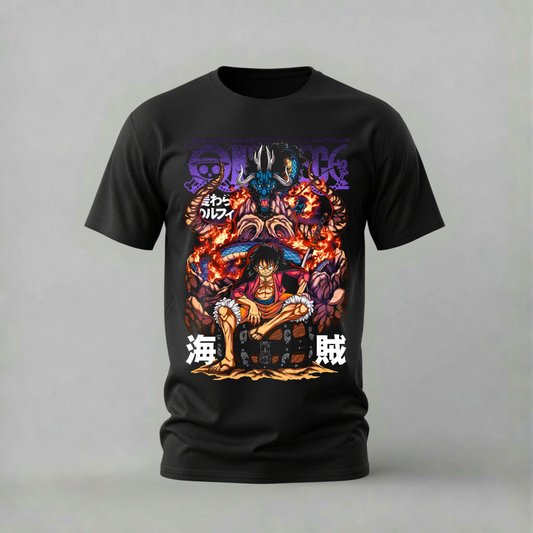luffy kaido fire tshirt; one piece dragon shirt; luffy vs kaido graphic tee; kaido fire tshirt; unisex luffy kaido tee; men cotton tshirt; half sleeve printed tshirt; anime merch; casual wear