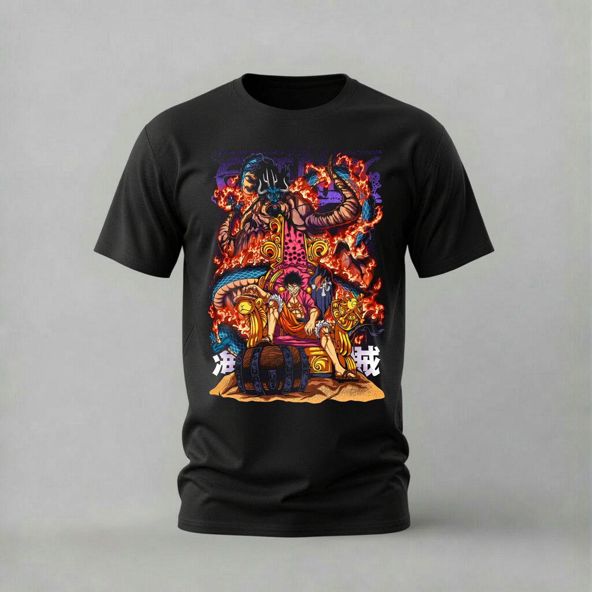 luffy kaido throne tshirt; one piece dragon shirt; luffy on throne graphic tee; kaido emperor tshirt; unisex luffy kaido tee; men cotton tshirt; half sleeve printed tshirt; anime merch; casual wear