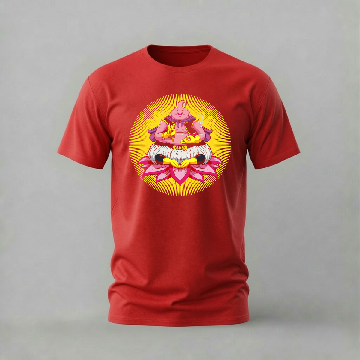 majin buu tshirt; dragon ball meditation shirt; buu lotus graphic tee; anime spiritual tshirt; unisex dragon ball tee; men cotton tshirt; half sleeve printed tshirt; anime merch; casual wear