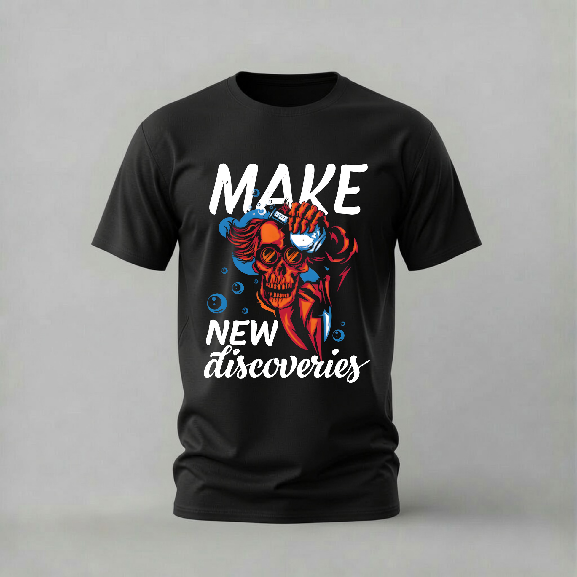 make new discoveries tshirt; scuba skull shirt; adventure skull graphic tee; diving skull tshirt; explorer graphic shirt; unisex skull tee; men cotton tshirt; half sleeve printed tshirt; streetwear; casual wear; skull merch; adventure graphic shirt
