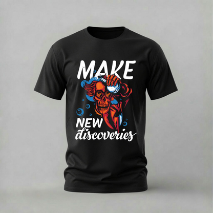 make new discoveries tshirt; scuba skull shirt; adventure skull graphic tee; diving skull tshirt; explorer graphic shirt; unisex skull tee; men cotton tshirt; half sleeve printed tshirt; streetwear; casual wear; skull merch; adventure graphic shirt
