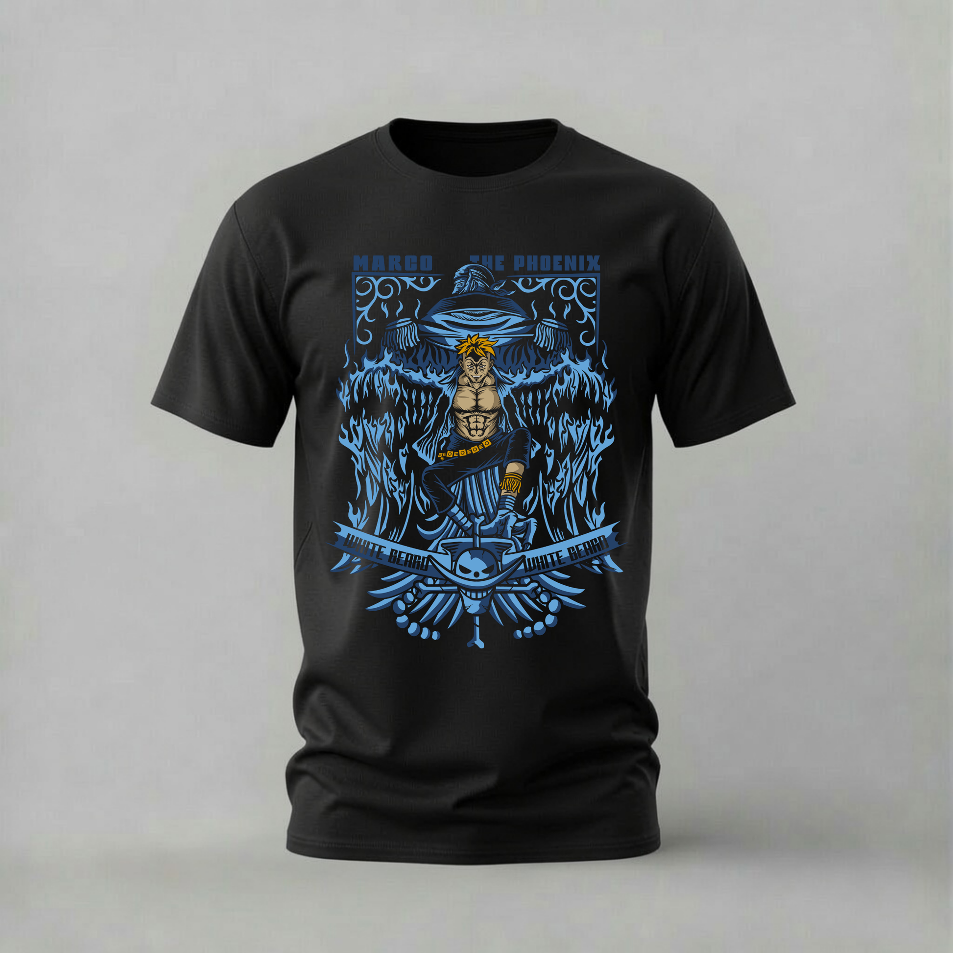 marco the phoenix tshirt; one piece marco shirt; whitebeard pirates graphic tee; marco anime tshirt; phoenix one piece shirt; unisex marco tee; men cotton tshirt; half sleeve printed tshirt; streetwear; casual wear; one piece merch; anime graphic shirt
