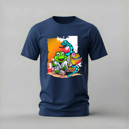martial arts frog tshirt; karate frog shirt; animal martial arts graphic tee; frog sensei tshirt; cute karate animals shirt; unisex frog tee; men cotton tshirt; half sleeve printed tshirt; streetwear; casual wear; frog merch; animal graphic shirt
