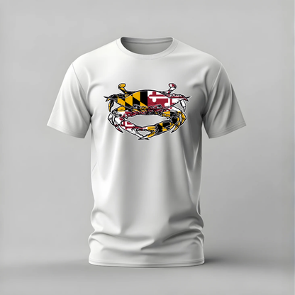 maryland flag crab tshirt; maryland crab shirt; state flag graphic tee; maryland pride tshirt; crab feast shirt; unisex maryland tee; men cotton tshirt; half sleeve printed tshirt; streetwear; casual wear; maryland merch; crab graphic shirt
