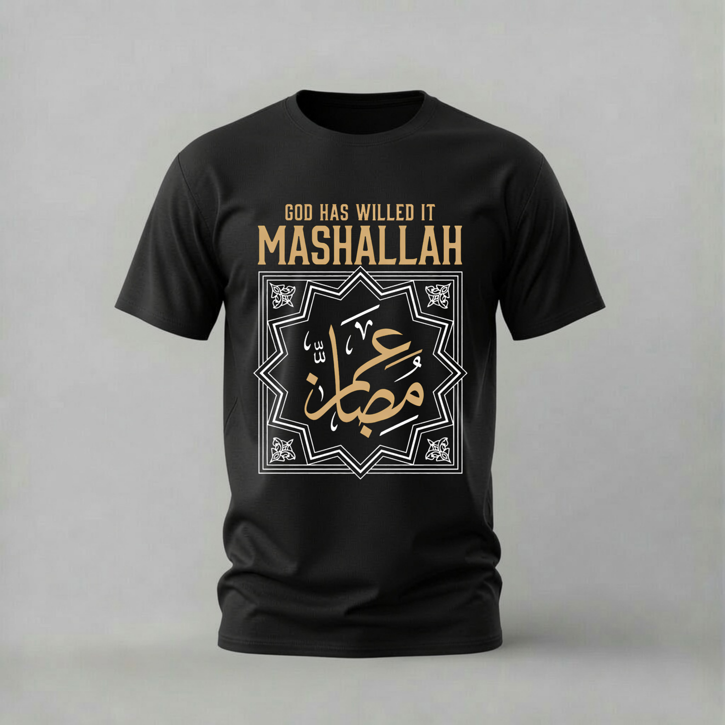 mashallah tshirt; arabic calligraphy shirt; mashallah graphic tee; god has willed it tshirt; islamic calligraphy shirt; unisex arabic tee; men cotton tshirt; half sleeve printed tshirt; streetwear; casual wear; mashallah merch; calligraphy graphic shirt
