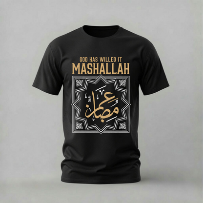 mashallah tshirt; arabic calligraphy shirt; mashallah graphic tee; god has willed it tshirt; islamic calligraphy shirt; unisex arabic tee; men cotton tshirt; half sleeve printed tshirt; streetwear; casual wear; mashallah merch; calligraphy graphic shirt
