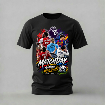 matchday tshirt; football never sleeps shirt; premier league graphic tee; soccer passion tshirt; unisex graphic tee; men cotton tshirt; half sleeve printed tshirt; street merch; casual wear