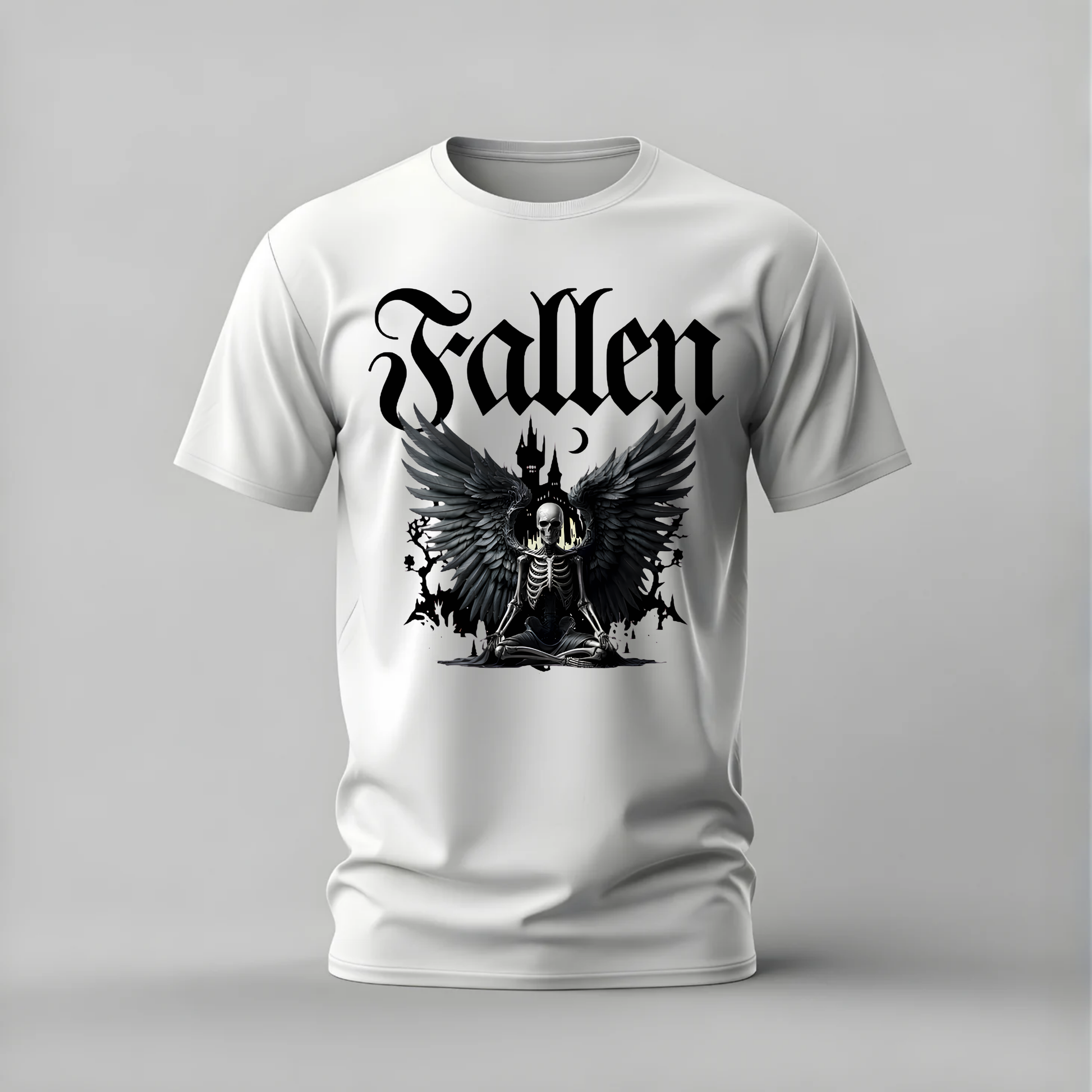 meditating skeleton tshirt; winged skeleton shirt; soul skeleton graphic tee; gothic meditation tshirt; dark wings skeleton shirt; unisex skeleton tee; men cotton tshirt; half sleeve printed tshirt; streetwear; casual wear; skeleton merch; gothic graphic shirt
