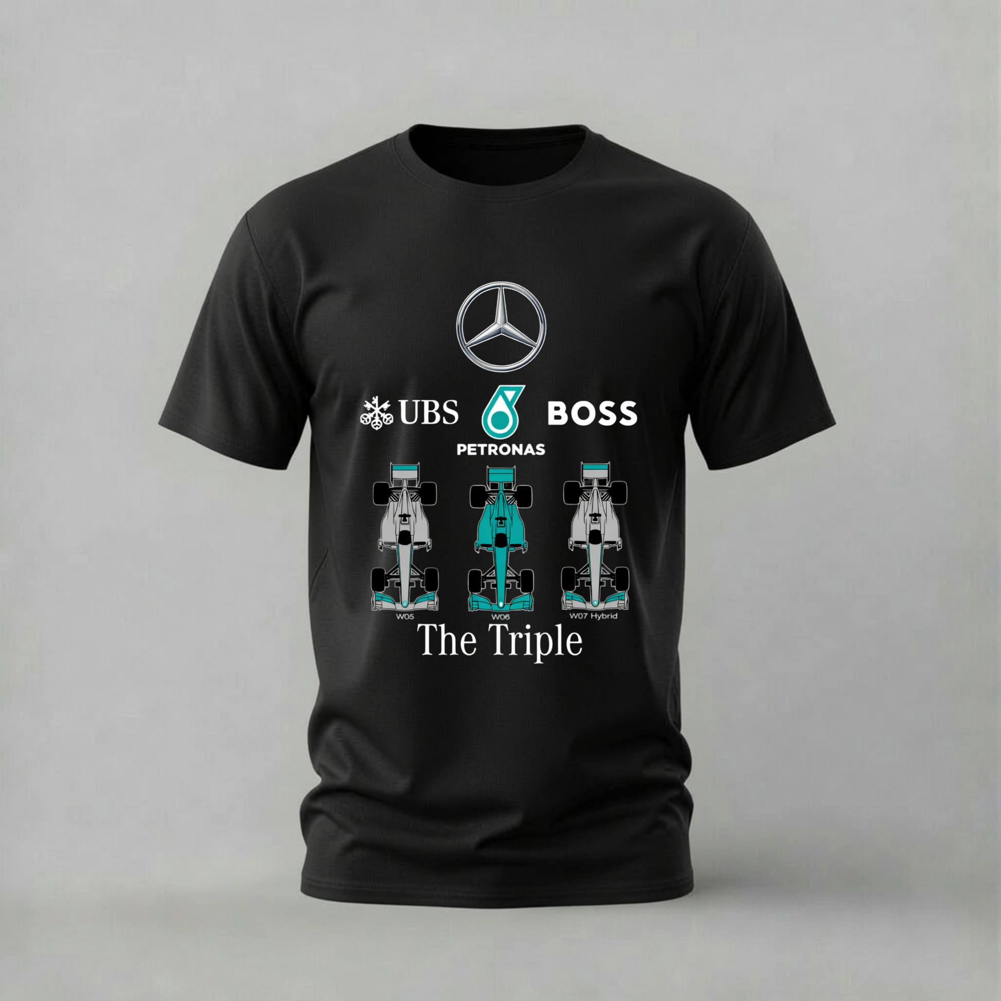 mercedes f1 tshirt; the triple mercedes shirt; f1 w05 w06 w07 graphic; mercedes amg petronas tee; formula 1 tshirt; hybrid mercedes f1; unisex f1 tshirt; men cotton tshirt; half sleeve printed tshirt; streetwear; casual wear; f1 merch; mercedes f1 fan shirt
