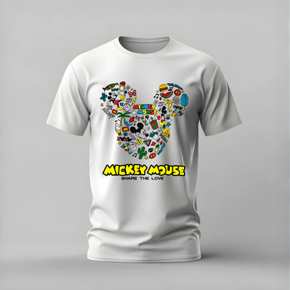 A white short-sleeve crewneck t-shirt featuring a Mickey Mouse graphic made of many colorful stickers inside a mouse silhouette, with 'MICKEY MOUSE' and 'SHARE THE LOVE' printed below in yellow and black.