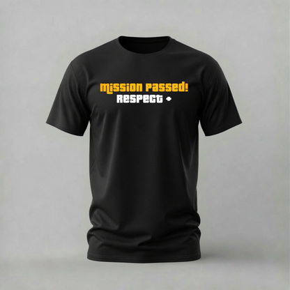 mission passed tshirt; respect graphic shirt; mission passed respect tee; gta style tshirt; gaming respect shirt; unisex gaming tee; men cotton tshirt; half sleeve printed tshirt; streetwear; casual wear; mission merch; respect graphic shirt
