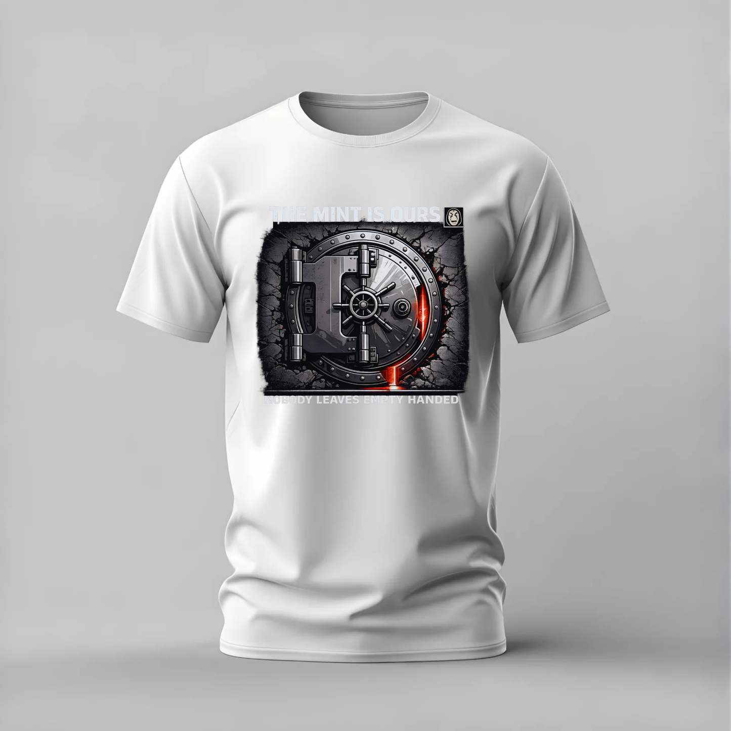 A white short-sleeve crewneck t-shirt with a large graphic print of a heavy-duty metal safe on the chest, set against a neutral gray background.