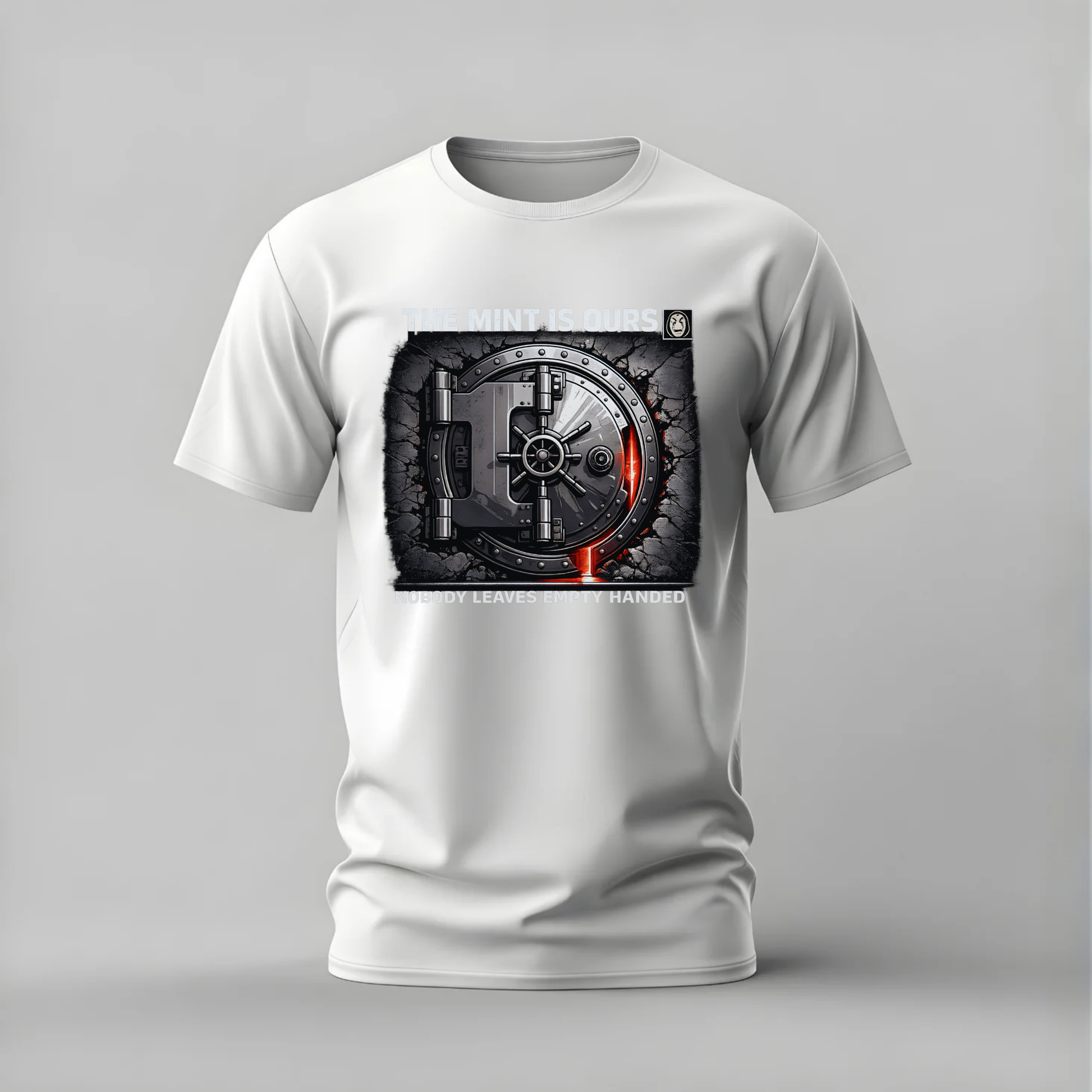 A white short-sleeve crewneck t-shirt with a large graphic print of a heavy-duty metal safe on the chest, set against a neutral gray background.