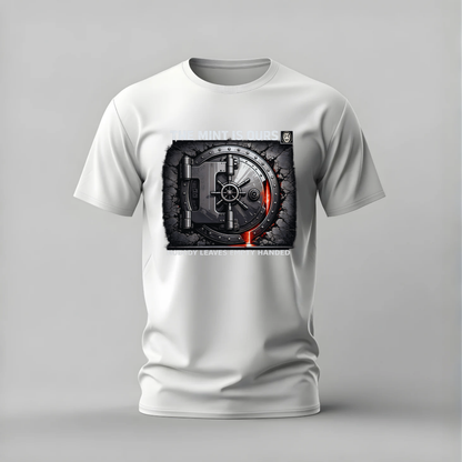 A white short-sleeve crewneck t-shirt with a large graphic print of a heavy-duty metal safe on the chest, set against a neutral gray background.