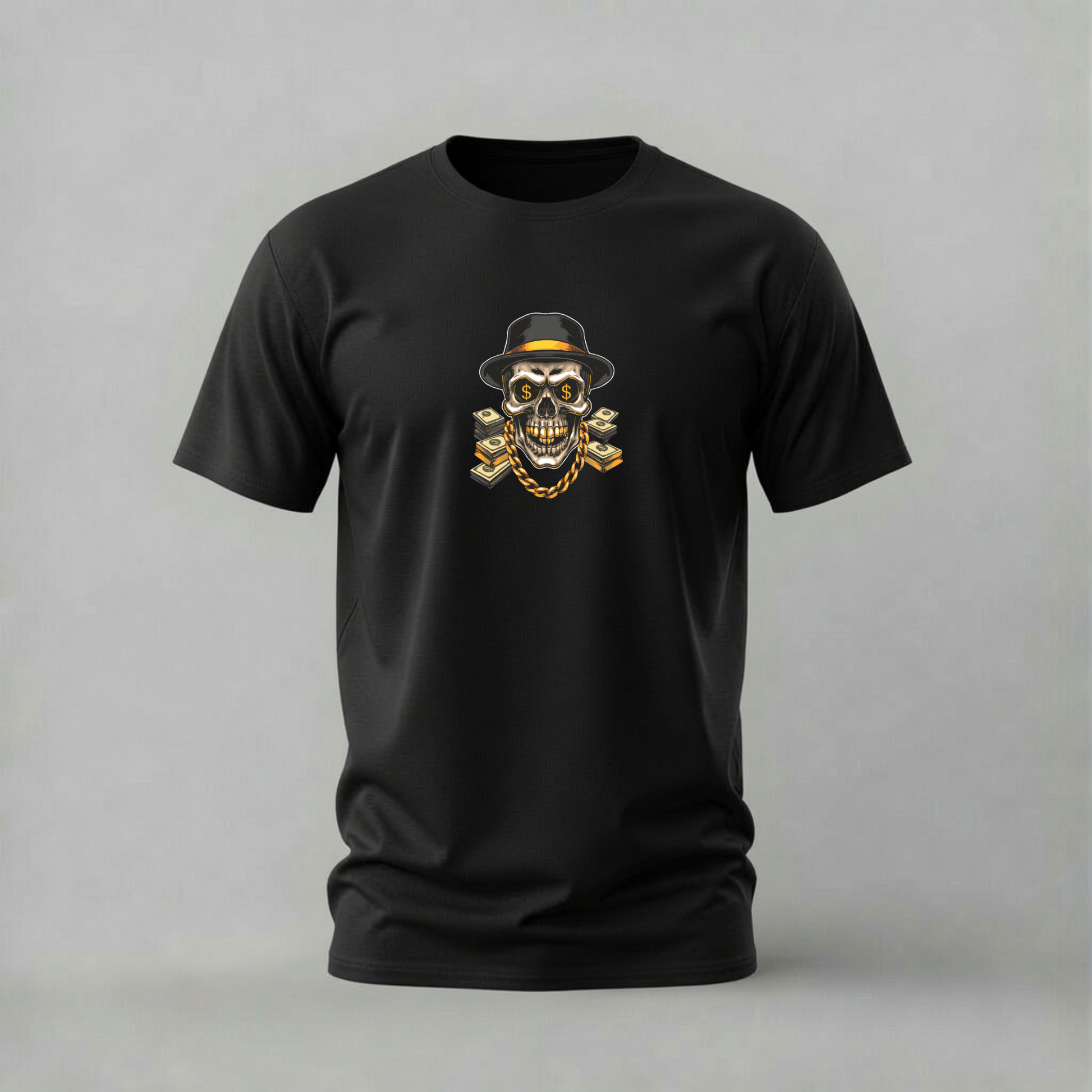 money skull tshirt; gold chain skull shirt; money skull graphic tee; dollar eyes tshirt; hustle skull shirt; unisex skull tee; men cotton tshirt; half sleeve printed tshirt; streetwear; casual wear; skull merch; money graphic shirt
