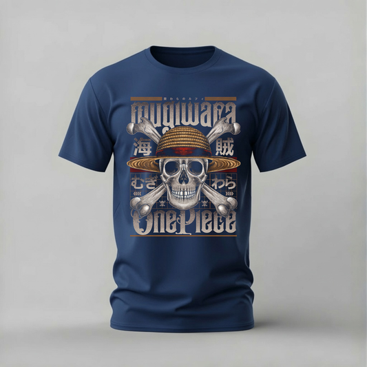 mugiwara skull tshirt; one piece straw hat shirt; skull pirate graphic tee; mugiwara logo tshirt; unisex mugiwara skull tee; men cotton tshirt; half sleeve printed tshirt; anime merch; casual wear