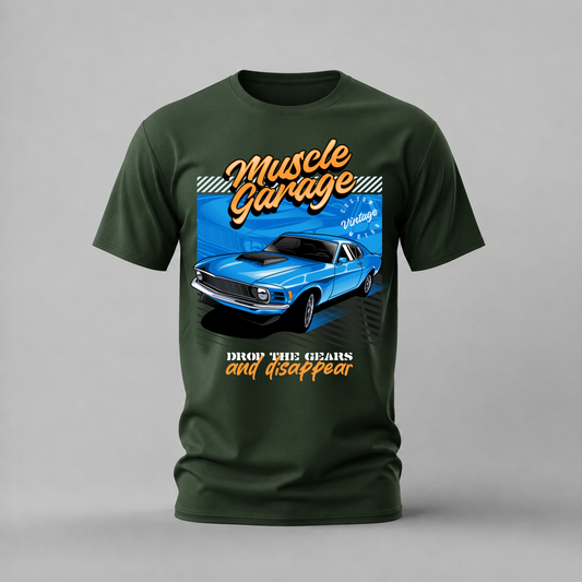 muscle garage blue tshirt; blue mustang shirt; drop the gears graphic tee; classic muscle car tshirt; unisex car tee; men cotton tshirt; half sleeve printed tshirt; car merch; casual wear