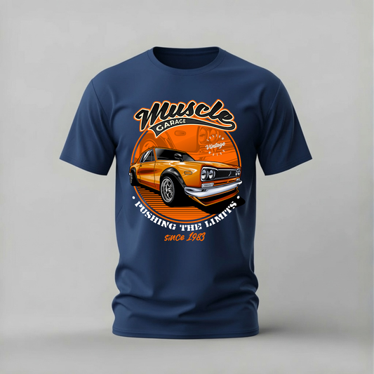 muscle garage skyline tshirt; orange classic car shirt; pushing the limits graphic tee; jdm muscle tshirt; unisex car tee; men cotton tshirt; half sleeve printed tshirt; car merch; casual wear