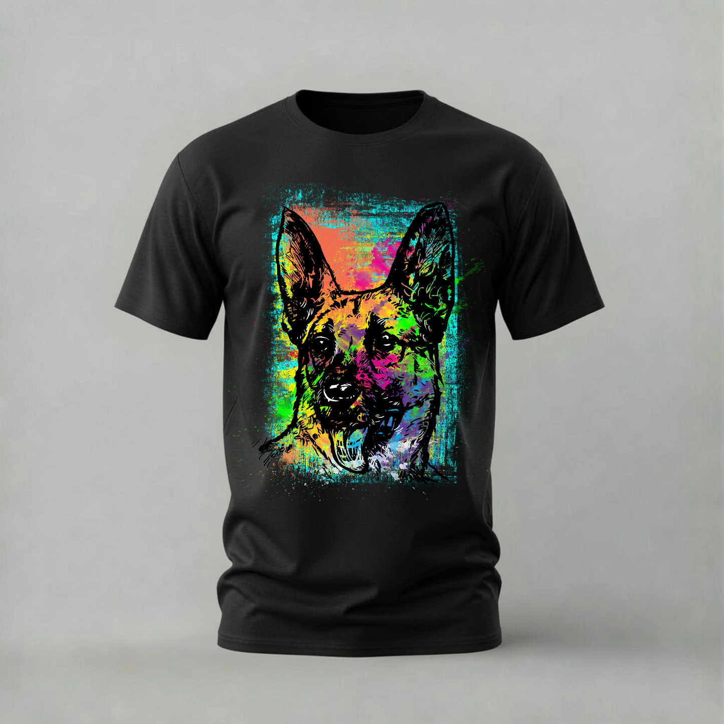 neon dog tshirt; colorful dog shirt; neon dog graphic tee; vibrant dog portrait tshirt; street art dog shirt; unisex dog tee; men cotton tshirt; half sleeve printed tshirt; streetwear; casual wear; dog merch; neon graphic shirt
