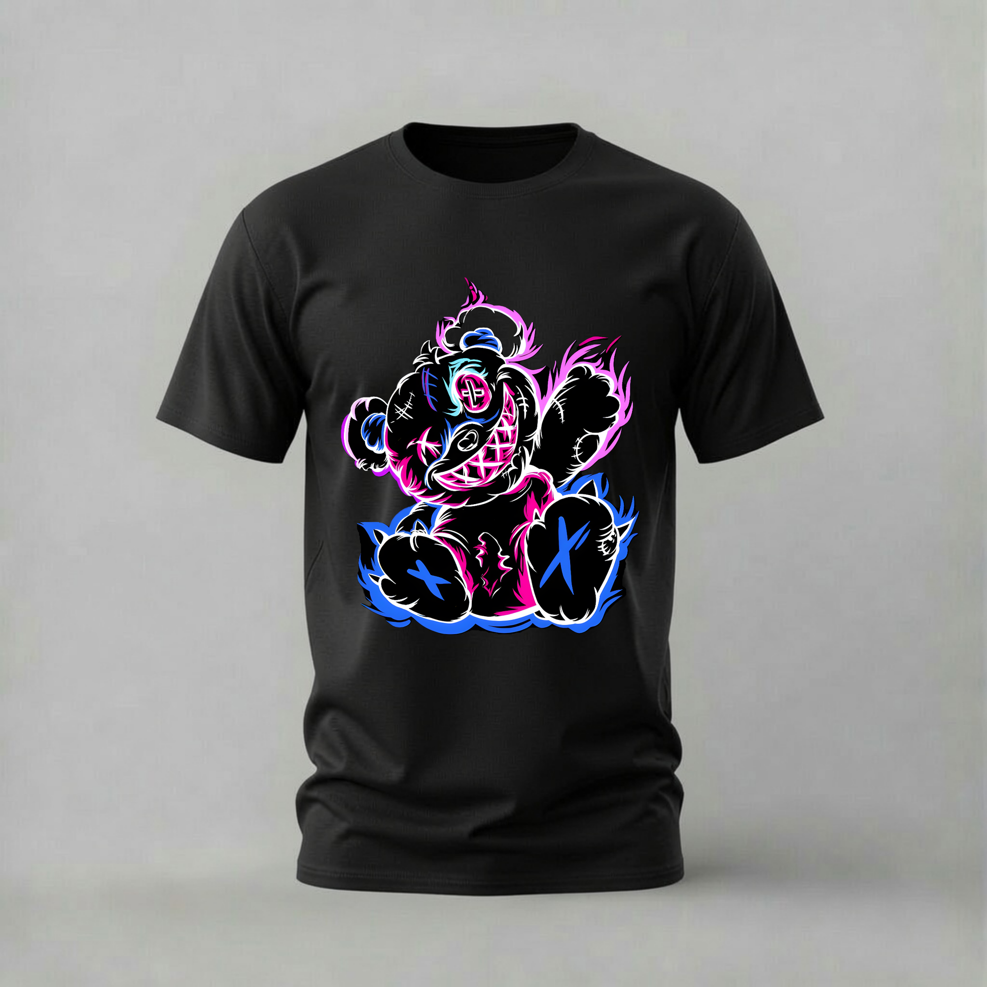 neon teddy tshirt; streetwear bear shirt; neon teddy graphic tee; stitched teddy tshirt; glow bear shirt; unisex neon tee; men cotton tshirt; half sleeve printed tshirt; streetwear; casual wear; teddy merch; neon graphic shirt
