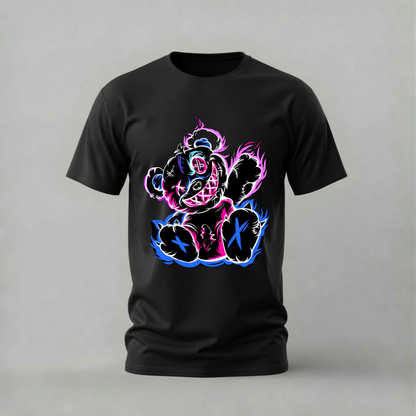 neon teddy tshirt; streetwear bear shirt; neon teddy graphic tee; stitched teddy tshirt; glow bear shirt; unisex neon tee; men cotton tshirt; half sleeve printed tshirt; streetwear; casual wear; teddy merch; neon graphic shirt
